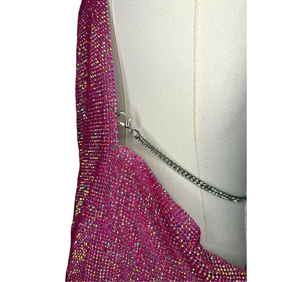 Women’s XS/S Sleeveless Backless Rhinestone Chain Mesh Mini Dress Pink - Picture 7 of 7